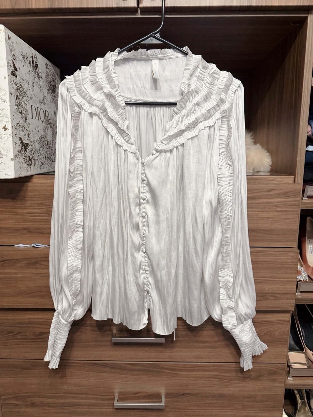 Mango Vintage White Ruffle-Trim Button Front Satin Blouse in 2